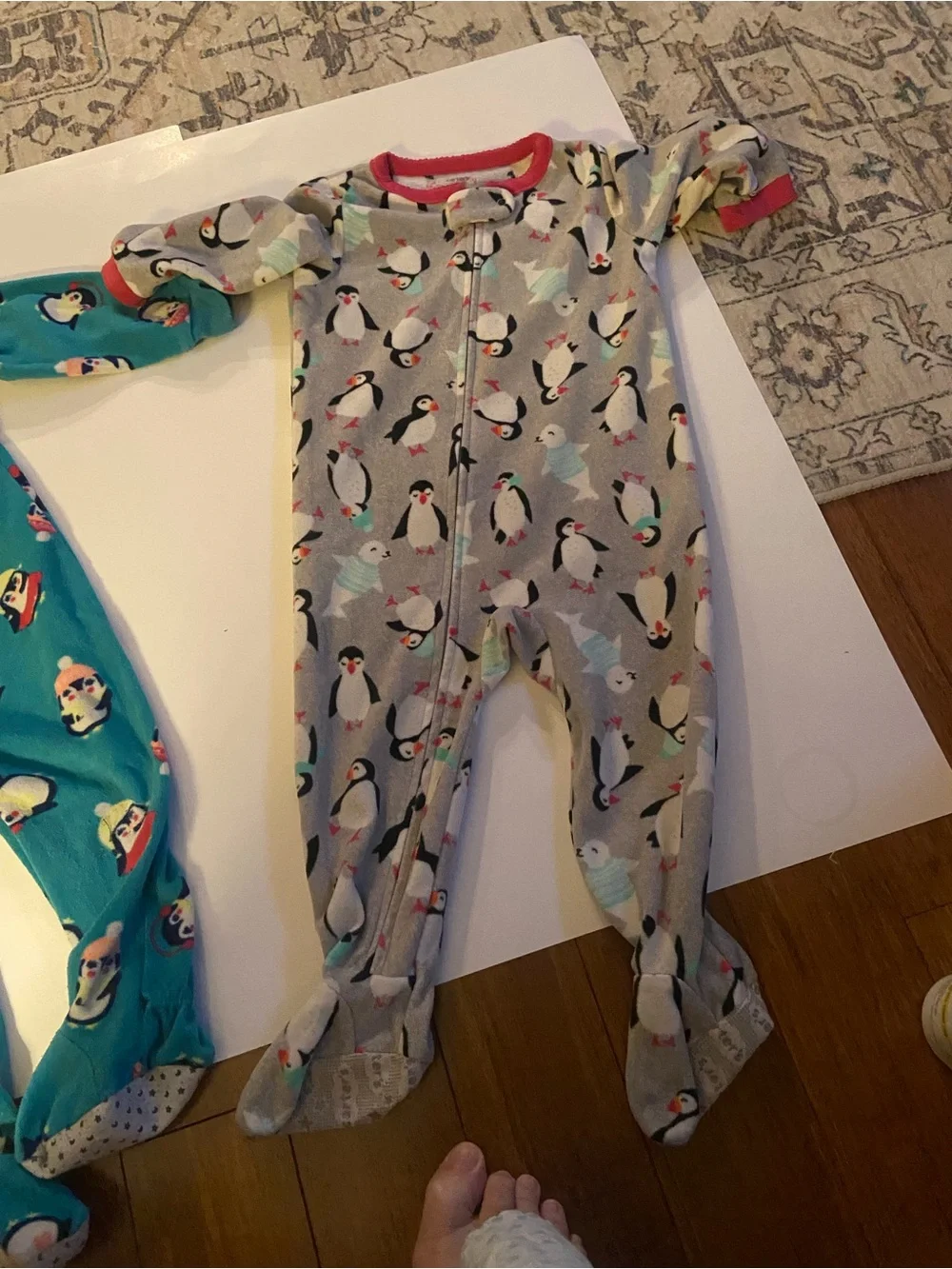 Kids Penguin Print Footed One-Piece Pajamas - 1 Gray/1 Green with penguins.